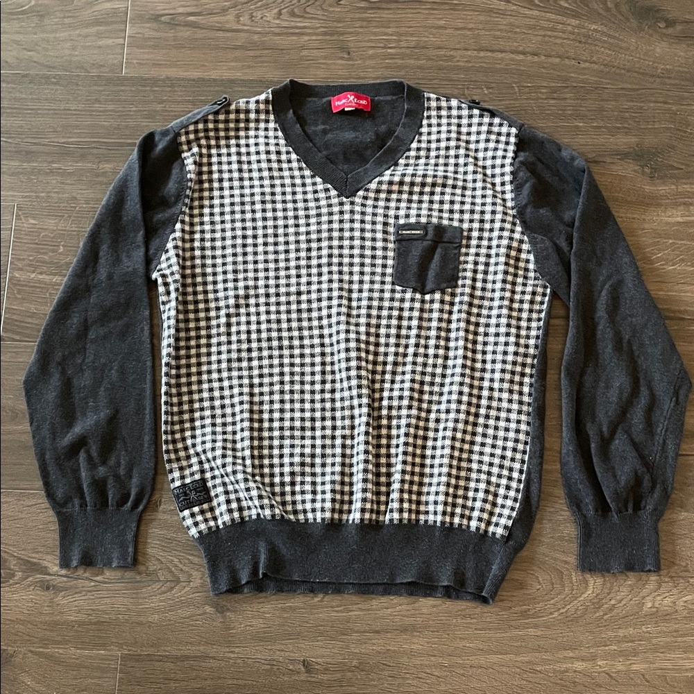 Vintage Y2K Marc Ecko Grey & White Checkered V-Neck Sweater, Size Large